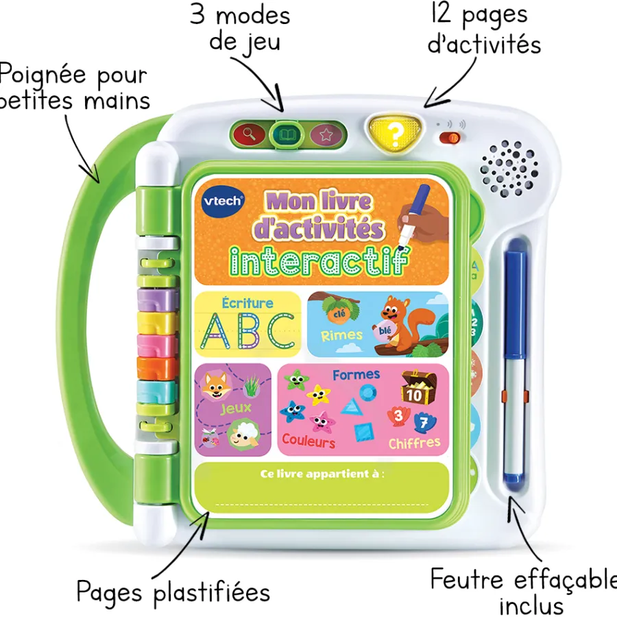 VTech Mon Livre D'activités Interactif - J'Ecris, Je Joue Et J'Apprends- Jeux Pour Apprendre À Lire, Compter, Écrire