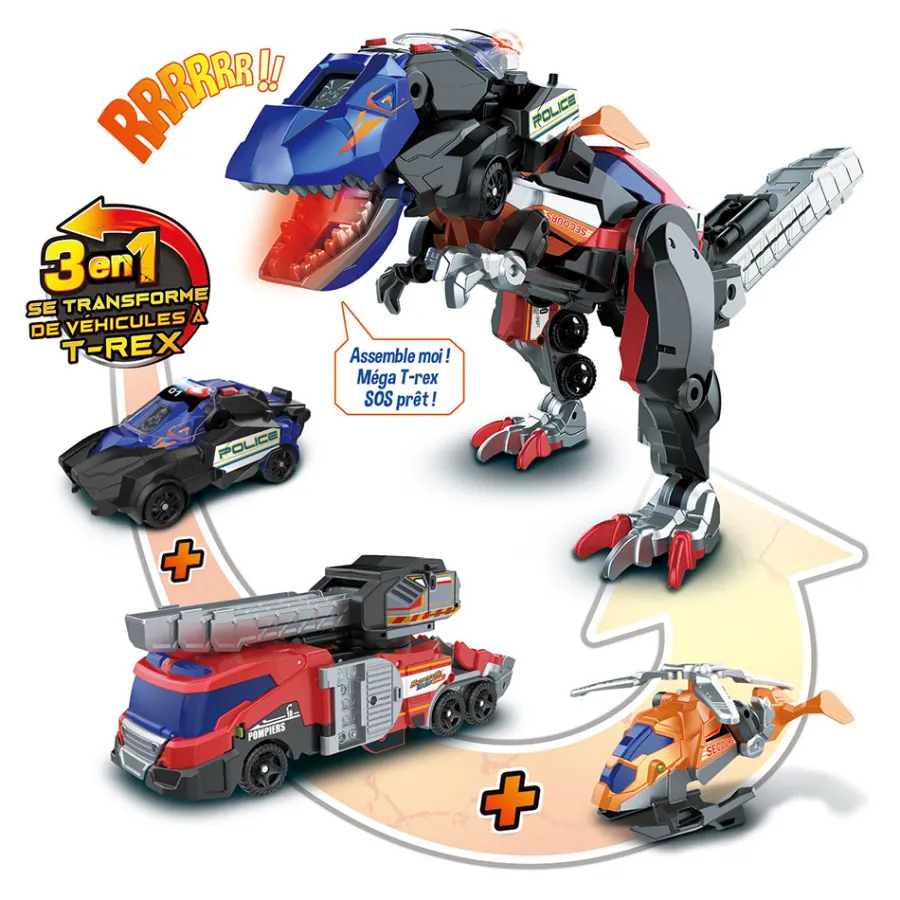 Switch & Go Dinos Trio, Le Mega T-Rex Sos 3 En 1- Voitures Dinos