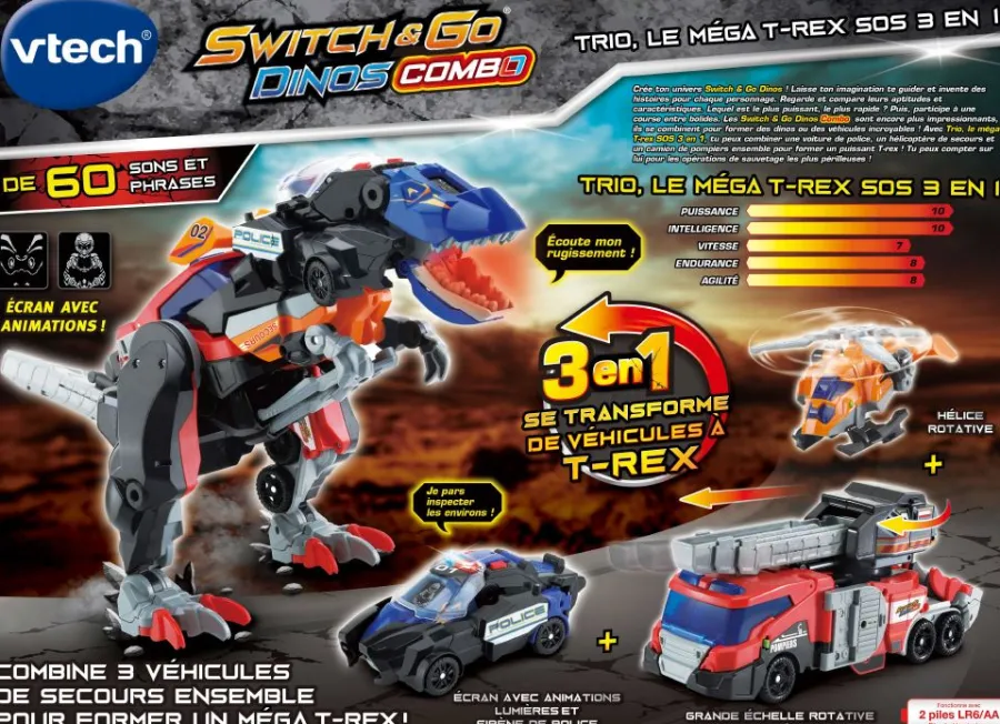 Switch & Go Dinos Trio, Le Mega T-Rex Sos 3 En 1- Voitures Dinos